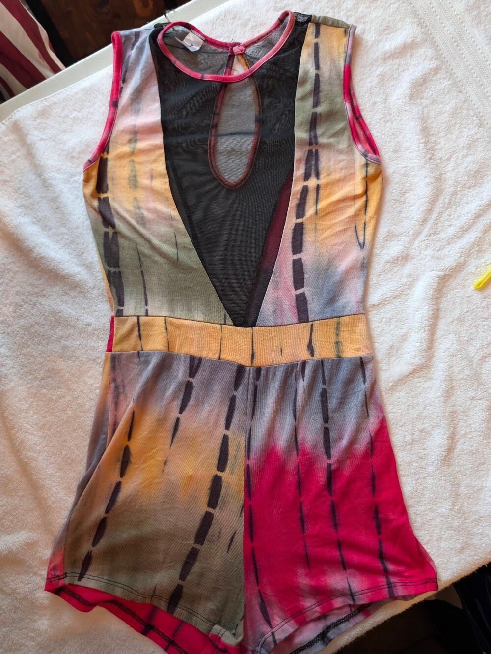 Sleeveless Multicolor Tie-Dye Deep V Inset Mesh Romper
